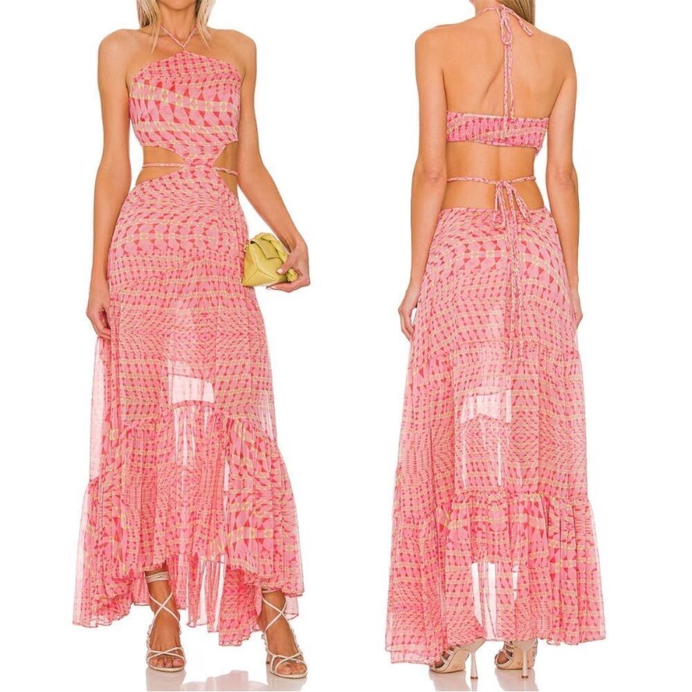 MISA Los Angeles Dalia Dress Large in Septima Geo Cut-Out Halter Maxi Dress NEW
